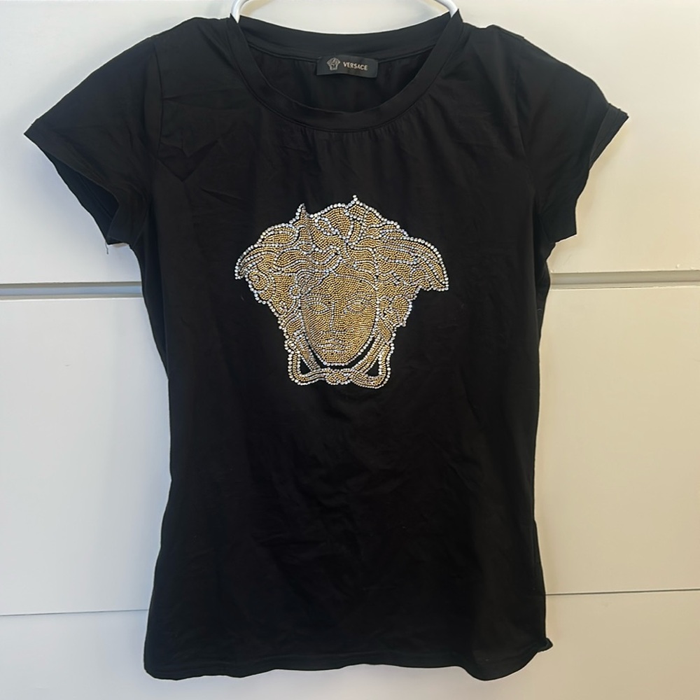 Gianni Versace black womens bedazzled tee shirt